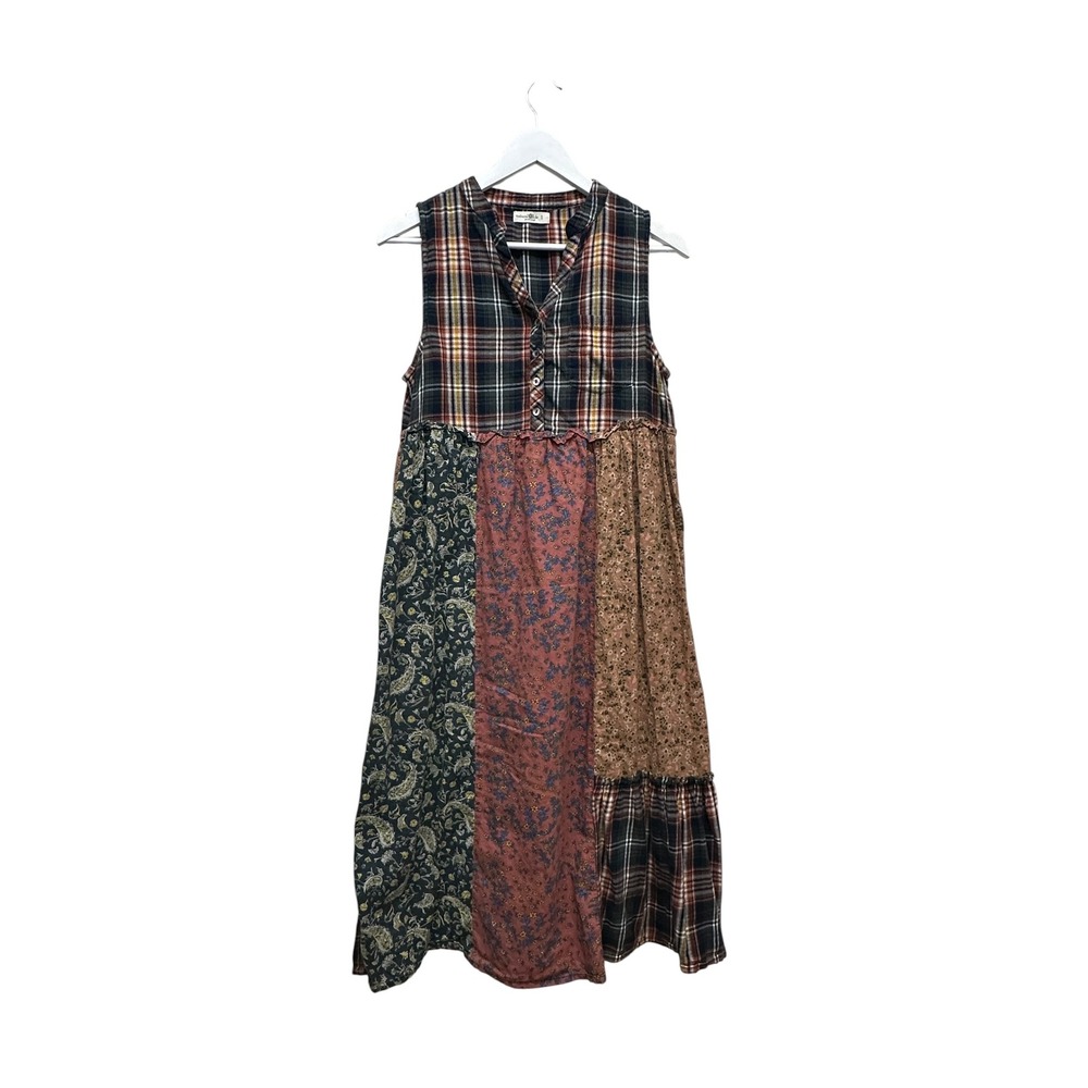 Natural Life Women Small Plaid Floral Patchwork Sleeveless Midi Dress Boho